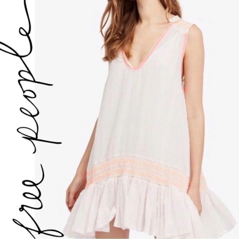 Free People Mini Dress Women XS White‎ Neon Orange Smocked Boho Ruffle